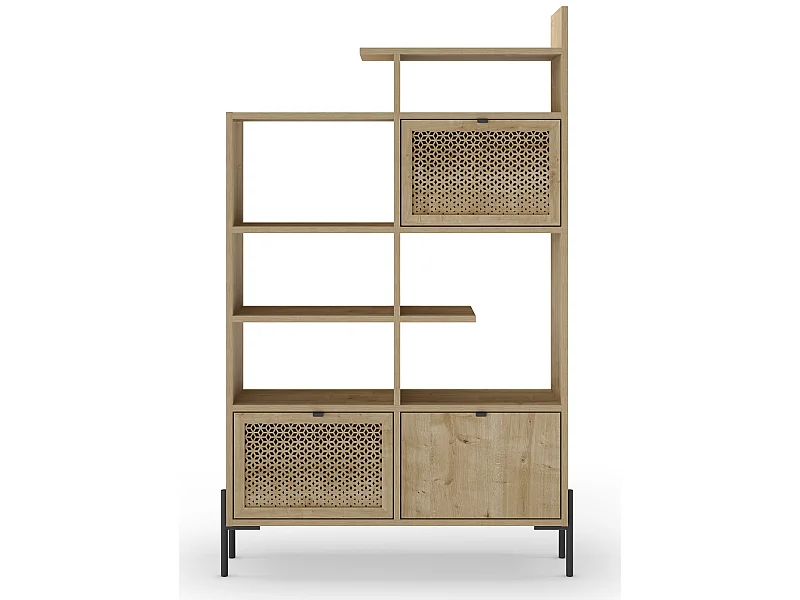 Bibliothèque, étagère avec 3 portes aspect bois coloris chêne, pieds en métal coloris noir  - Longueur 99,40 x Profondeur 29,50 x Hauteur 160 cm