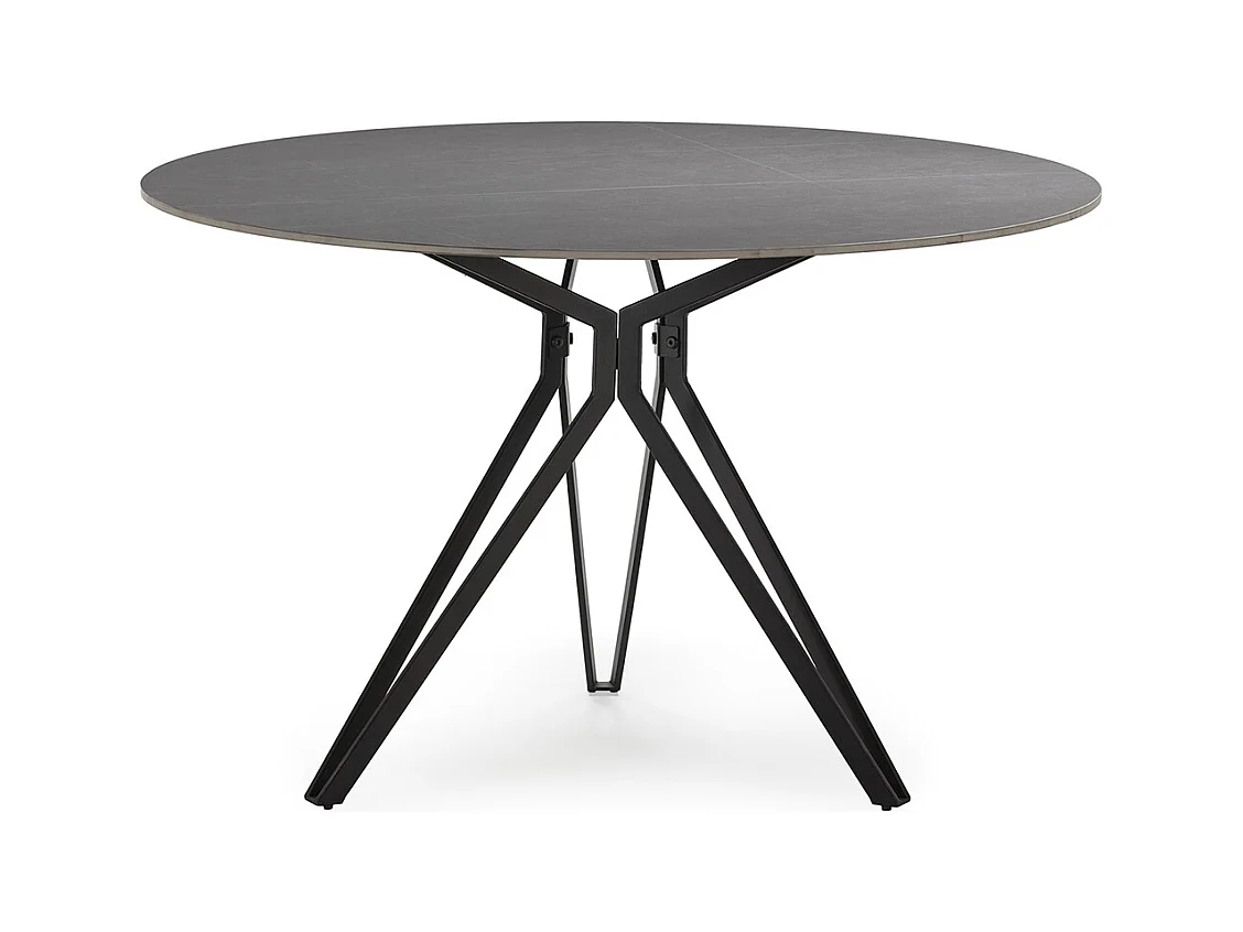 Table à manger, table de repas ronde en Pierre frittée effet marbre gris clair, pieds en métal noir - diamètre 120 x Hauteur 76 cm