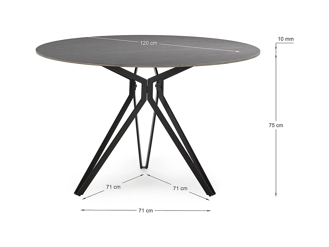 Table à manger, table de repas ronde en Pierre frittée effet marbre gris clair, pieds en métal noir - diamètre 120 x Hauteur 76 cm