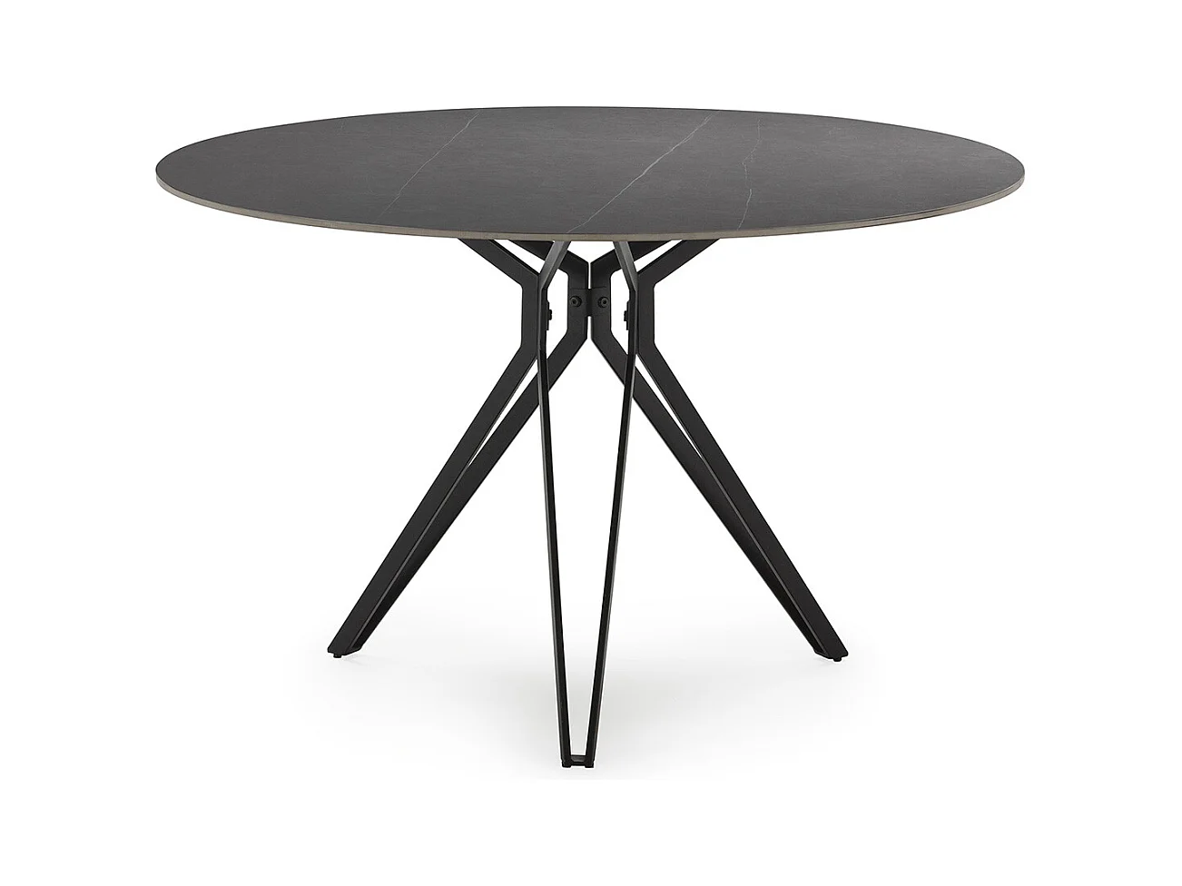 Table à manger, table de repas ronde en Pierre frittée effet marbre gris clair, pieds en métal noir - diamètre 120 x Hauteur 76 cm