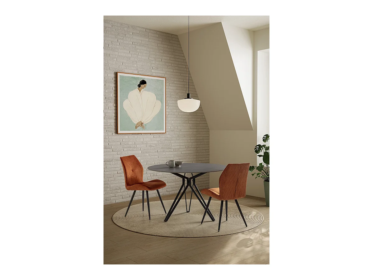 Table à manger, table de repas ronde en Pierre frittée effet marbre gris clair, pieds en métal noir - diamètre 120 x Hauteur 76 cm