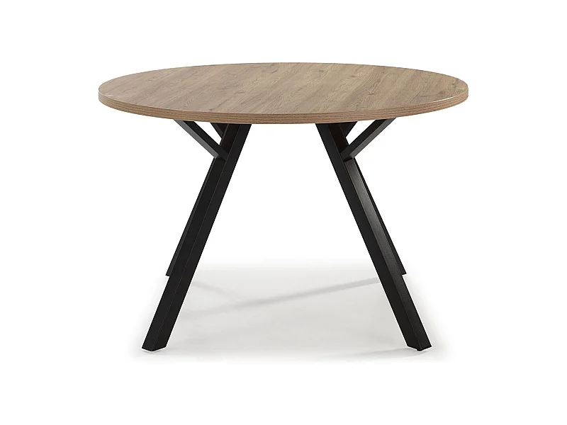 Table à manger, table de repas ronde aspect bois naturel et pieds en métal noir - diamètre 120 x Hauteur 77 cm