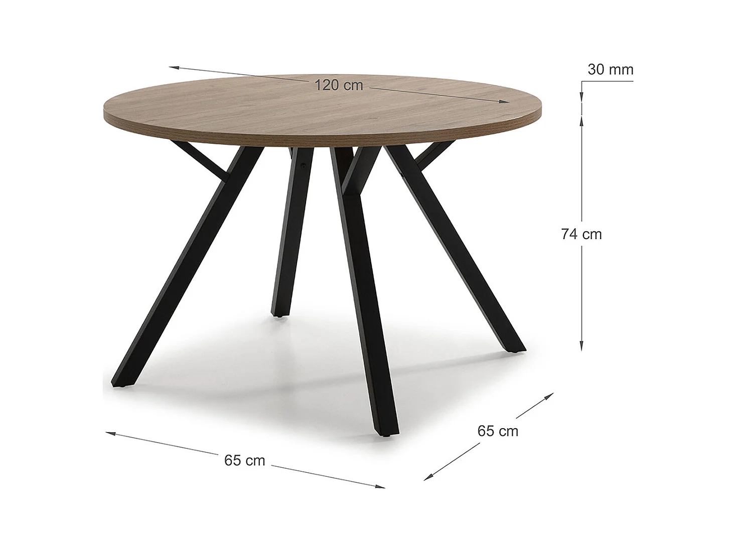 Table à manger, table de repas ronde aspect bois naturel et pieds en métal noir - diamètre 120 x Hauteur 77 cm