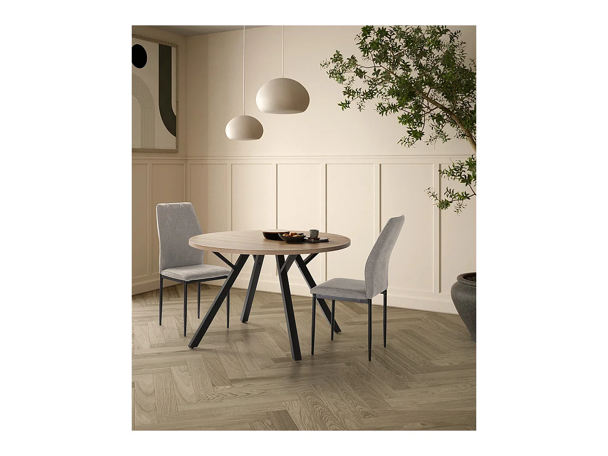 Table à manger, table de repas ronde aspect bois naturel et pieds en métal noir - diamètre 120 x Hauteur 77 cm