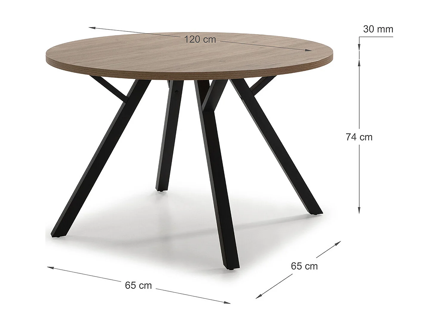 Table à manger, table de repas ronde aspect bois naturel et pieds en métal noir - diamètre 120 x Hauteur 77 cm