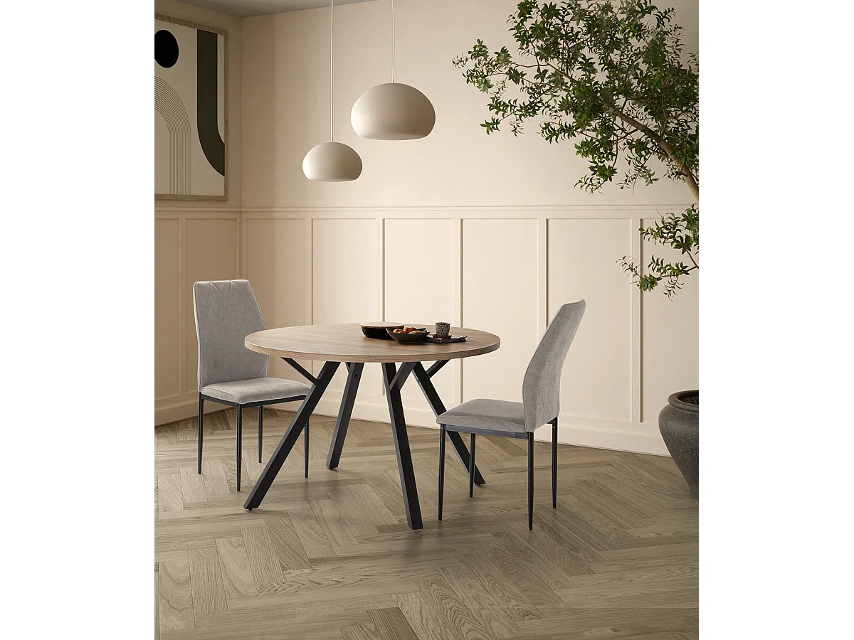 Table à manger, table de repas ronde aspect bois naturel et pieds en métal noir - diamètre 120 x Hauteur 77 cm