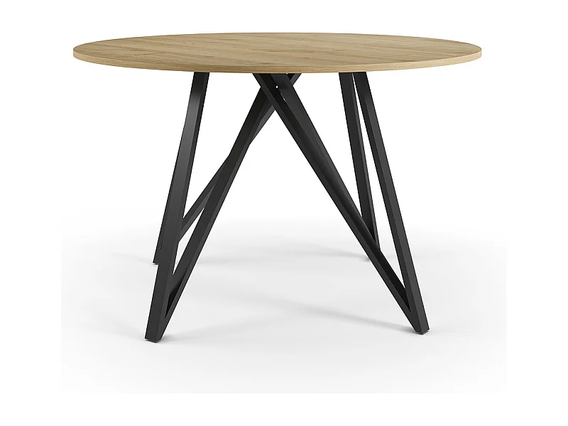 Table à manger, table de repas ronde aspect bois coloris chêne, pieds en métal noir - diamètre 120 x Hauteur 75 cm