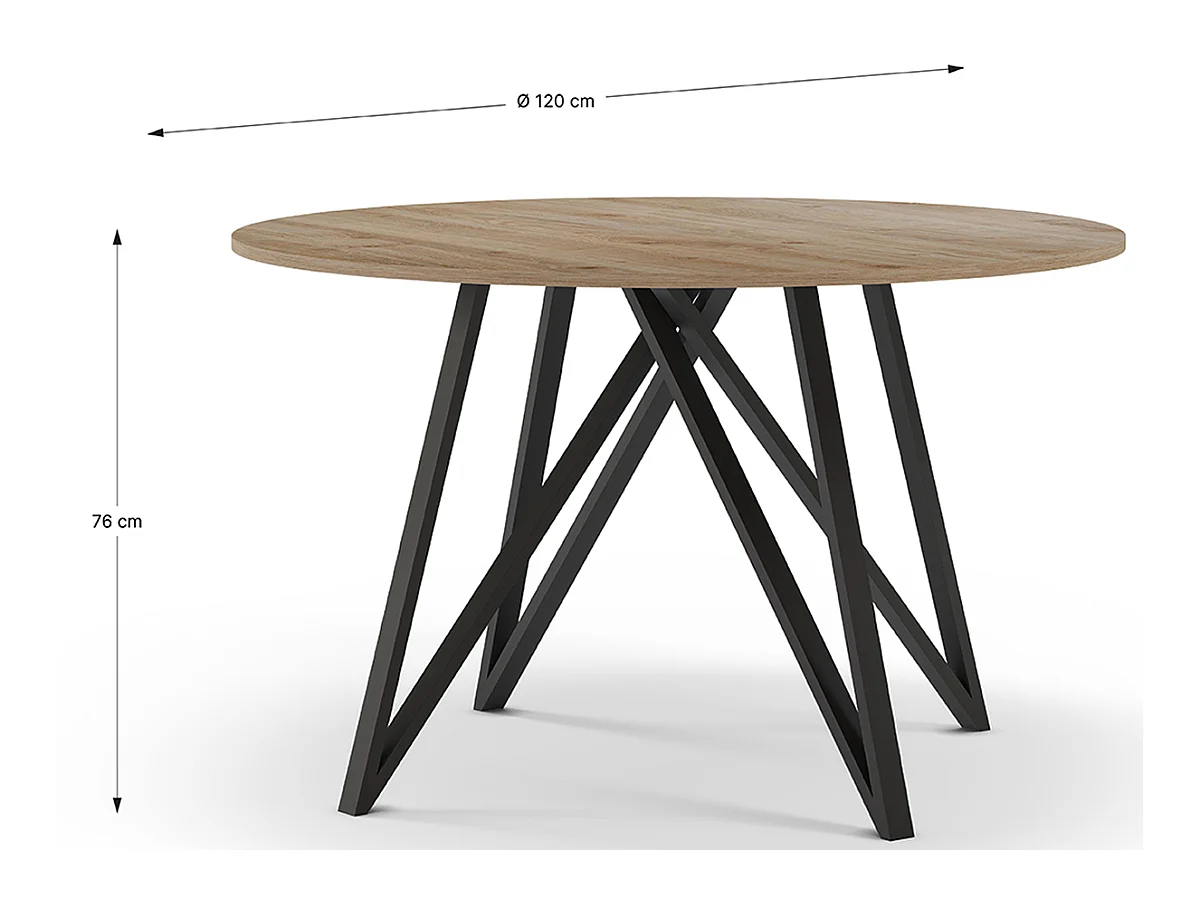 Table à manger, table de repas ronde aspect bois coloris chêne, pieds en métal noir - diamètre 120 x Hauteur 75 cm
