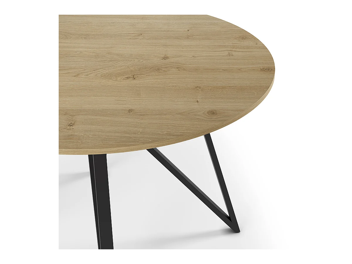 Table à manger, table de repas ronde aspect bois coloris chêne, pieds en métal noir - diamètre 120 x Hauteur 75 cm
