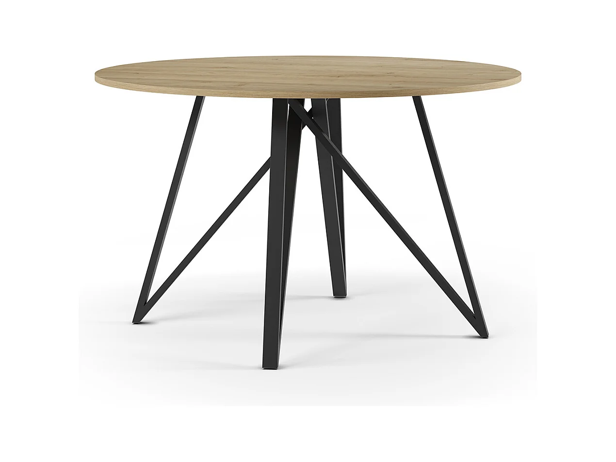 Table à manger, table de repas ronde aspect bois coloris chêne, pieds en métal noir - diamètre 120 x Hauteur 75 cm