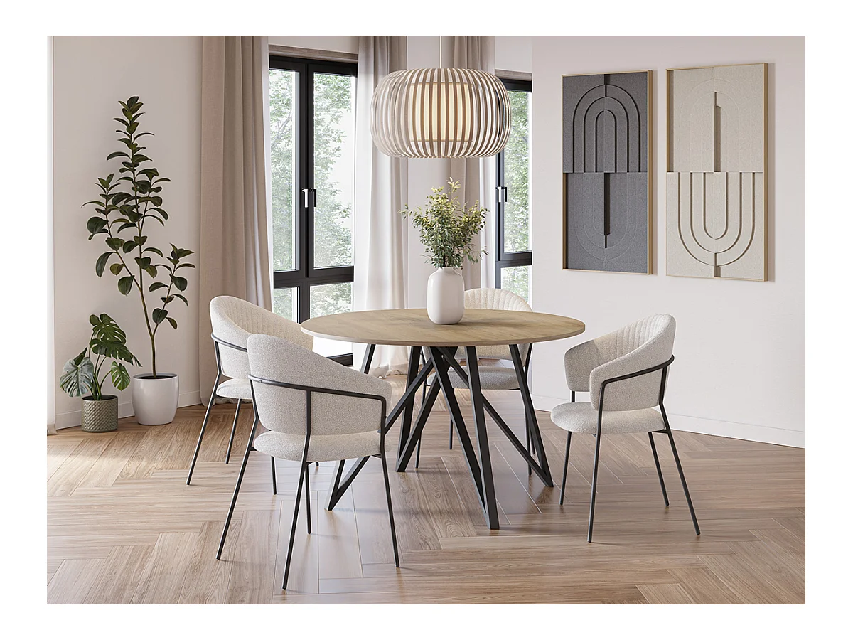Table à manger, table de repas ronde aspect bois coloris chêne, pieds en métal noir - diamètre 120 x Hauteur 75 cm