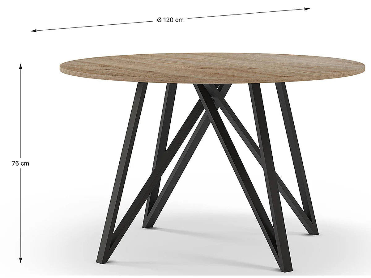 Table à manger, table de repas ronde aspect bois coloris chêne, pieds en métal noir - diamètre 120 x Hauteur 75 cm