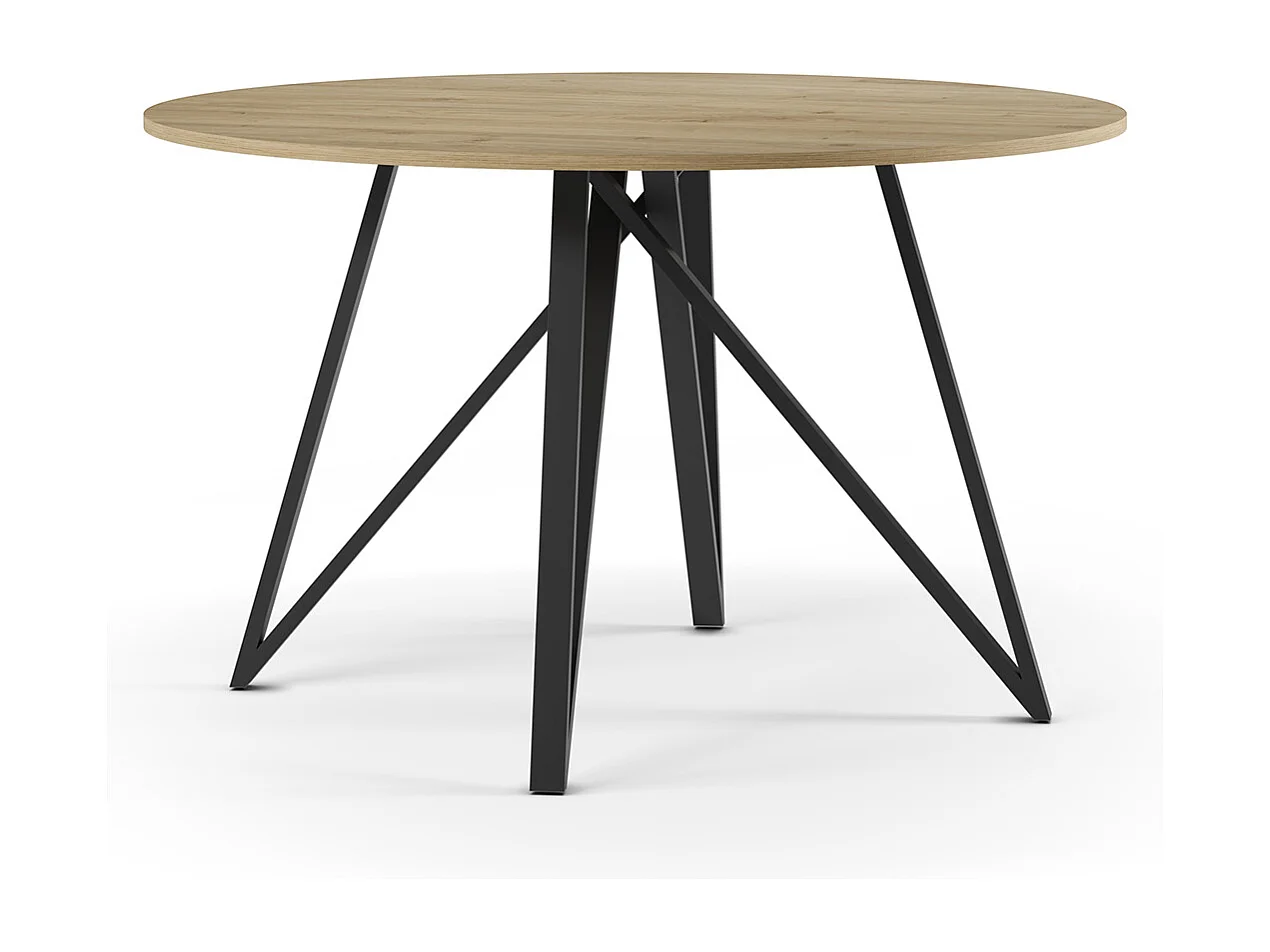Table à manger, table de repas ronde aspect bois coloris chêne, pieds en métal noir - diamètre 120 x Hauteur 75 cm