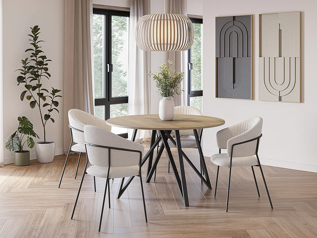 Table à manger, table de repas ronde aspect bois coloris chêne, pieds en métal noir - diamètre 120 x Hauteur 75 cm