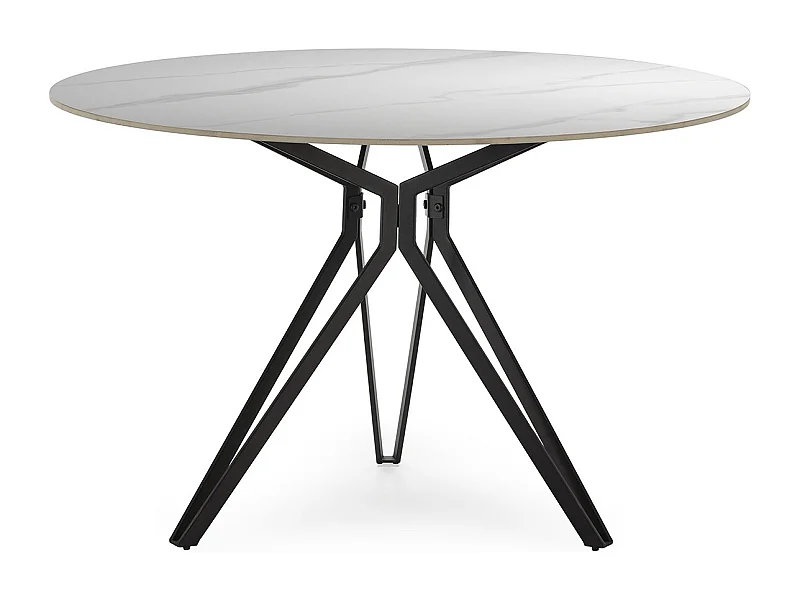Table à manger, table de repas ronde en Pierre frittée effet marbre blanc, pieds en métal noir - diamètre 120 x Hauteur 76 cm