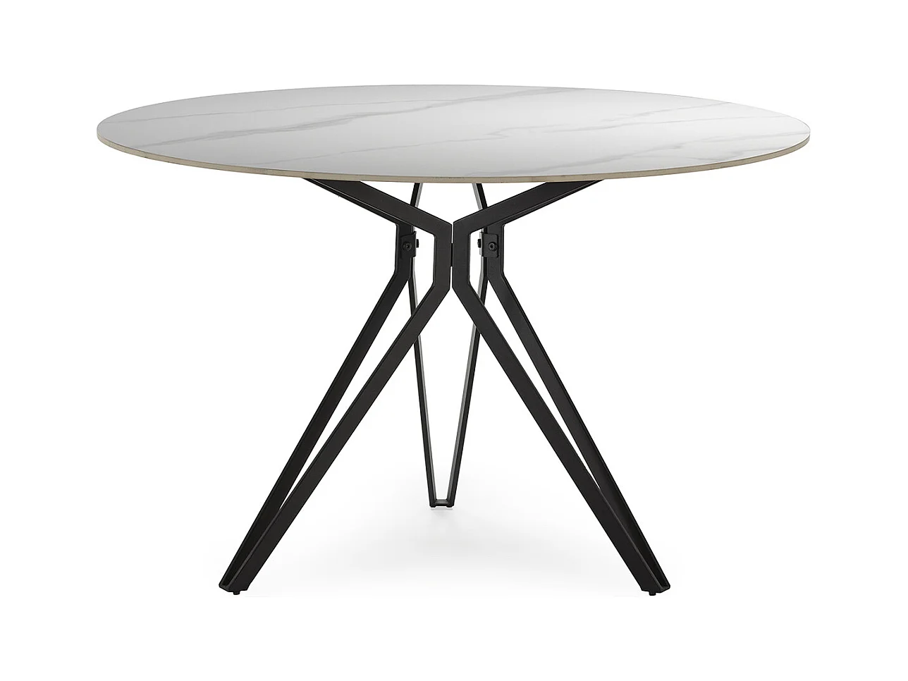 Table à manger, table de repas ronde en Pierre frittée effet marbre blanc, pieds en métal noir - diamètre 120 x Hauteur 76 cm