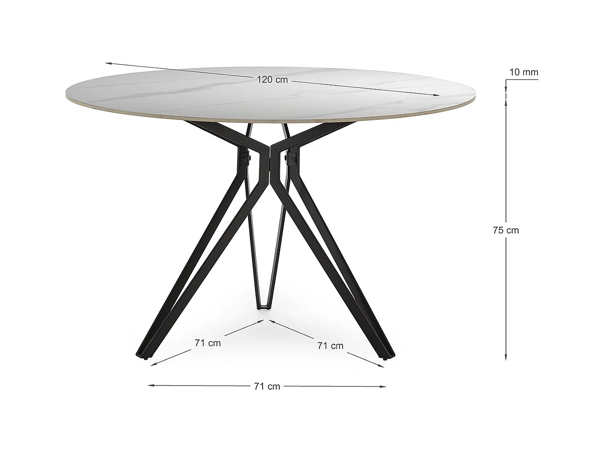 Table à manger, table de repas ronde en Pierre frittée effet marbre blanc, pieds en métal noir - diamètre 120 x Hauteur 76 cm