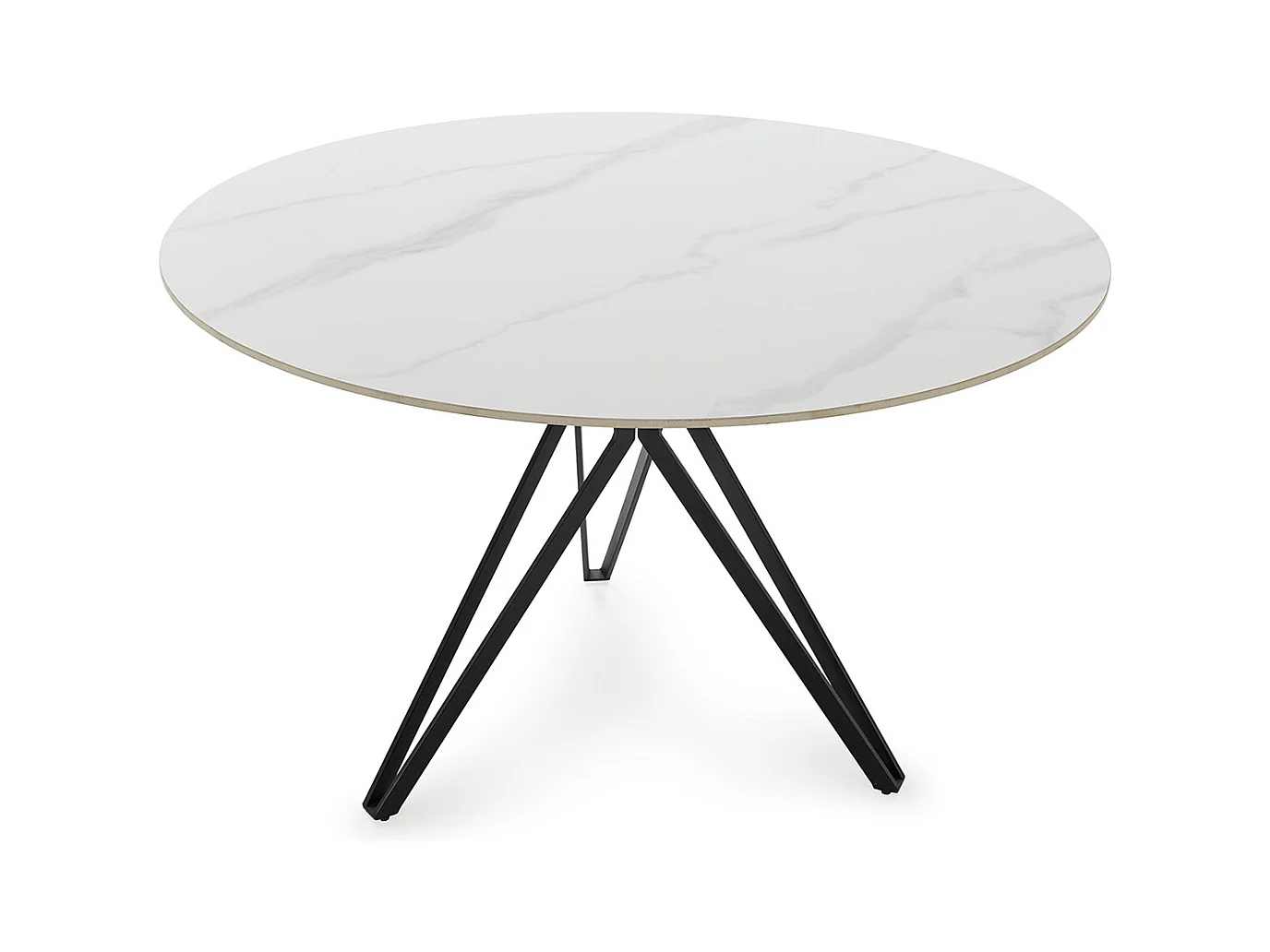Table à manger, table de repas ronde en Pierre frittée effet marbre blanc, pieds en métal noir - diamètre 120 x Hauteur 76 cm