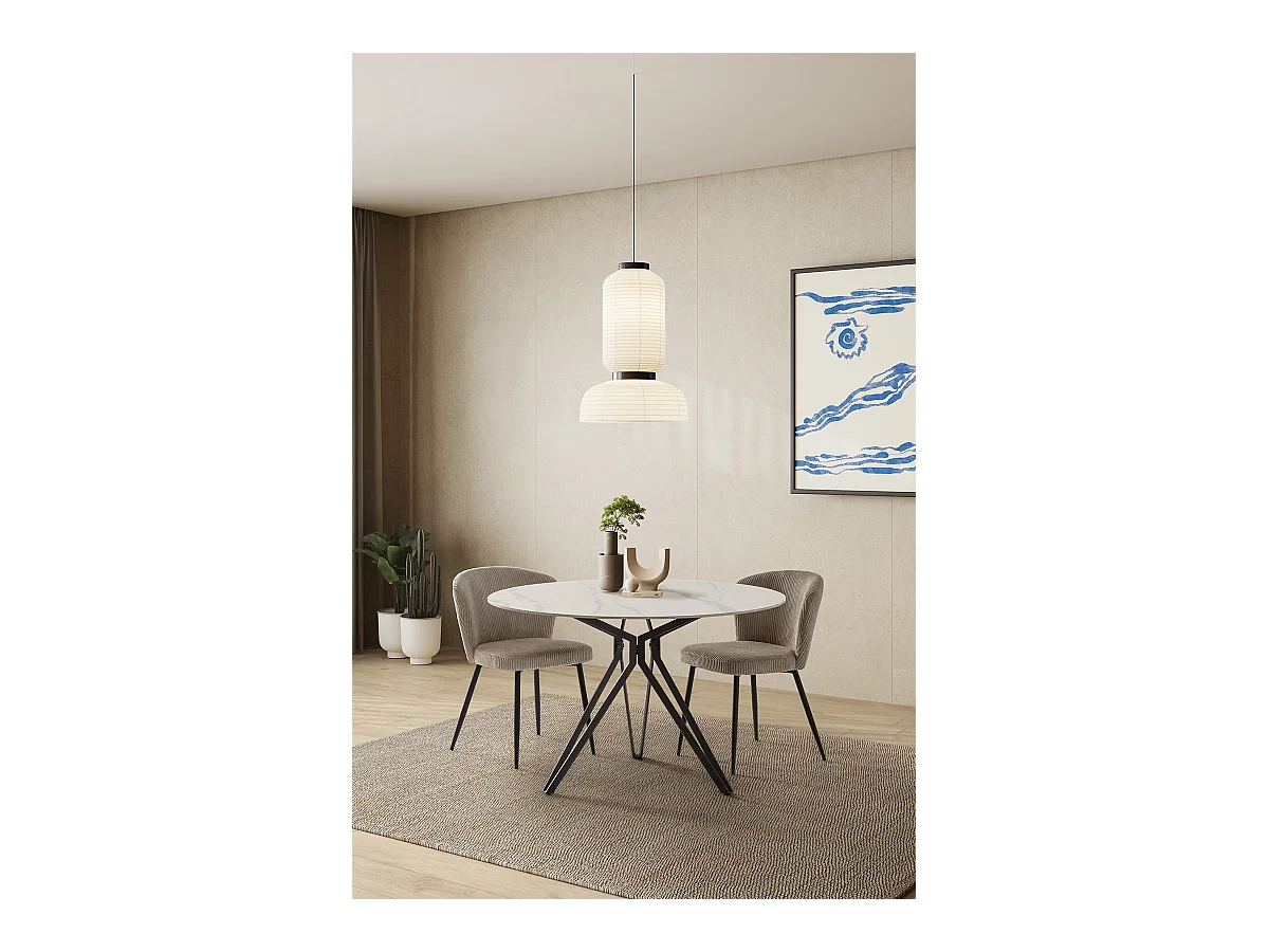 Table à manger, table de repas ronde en Pierre frittée effet marbre blanc, pieds en métal noir - diamètre 120 x Hauteur 76 cm
