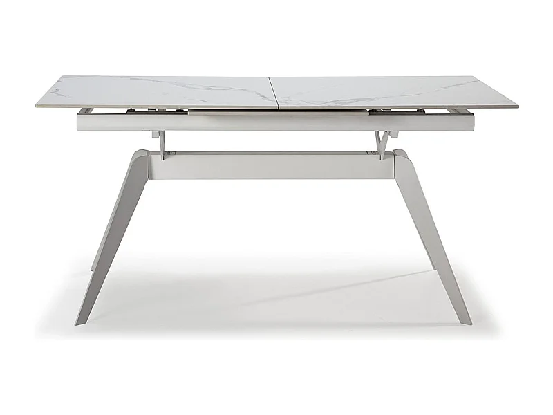 Table à manger, table de repas extensible en céramique coloris blanc, pieds en métal blanc - Longueur 160-220 x Profondeur 90 x Hauteur 76 cm
