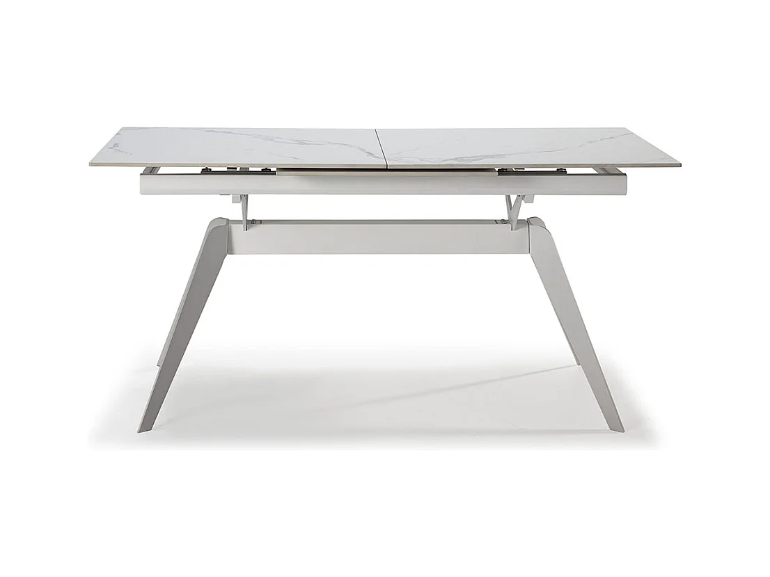 Table à manger, table de repas extensible en céramique coloris blanc, pieds en métal blanc - Longueur 160-220 x Profondeur 90 x Hauteur 76 cm