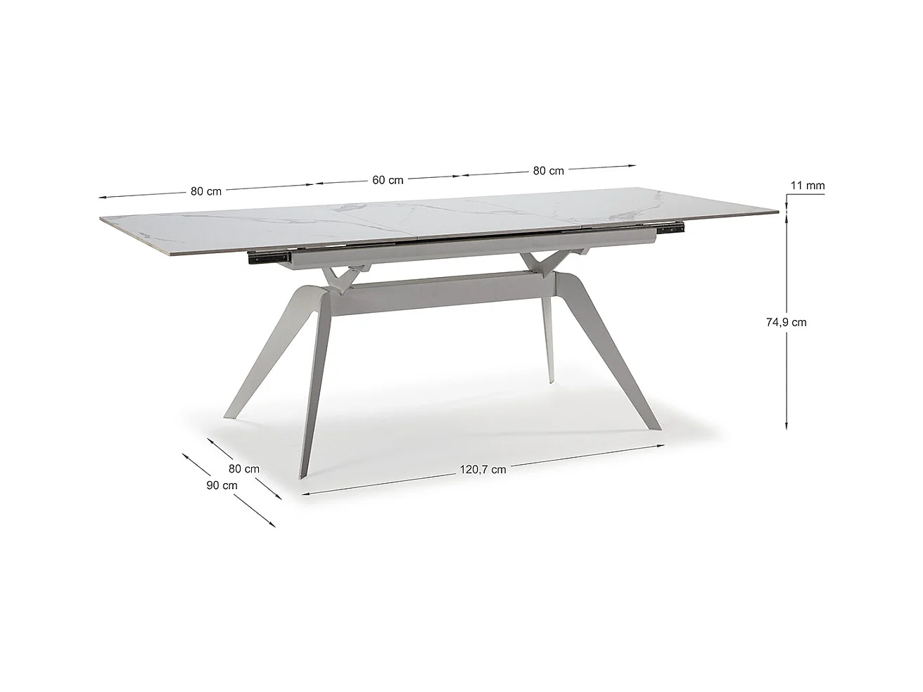Table à manger, table de repas extensible en céramique coloris blanc, pieds en métal blanc - Longueur 160-220 x Profondeur 90 x Hauteur 76 cm