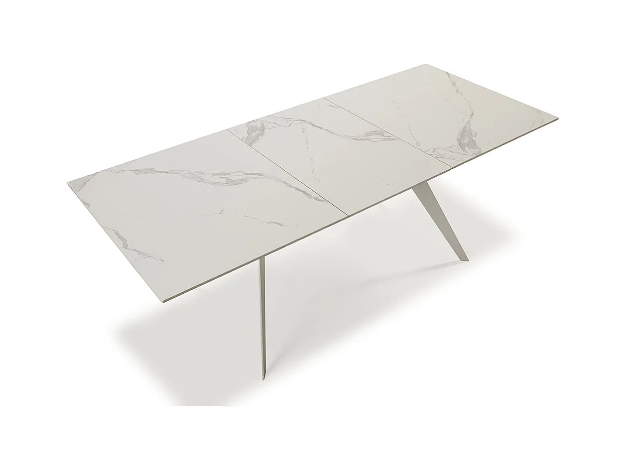 Table à manger, table de repas extensible en céramique coloris blanc, pieds en métal blanc - Longueur 160-220 x Profondeur 90 x Hauteur 76 cm