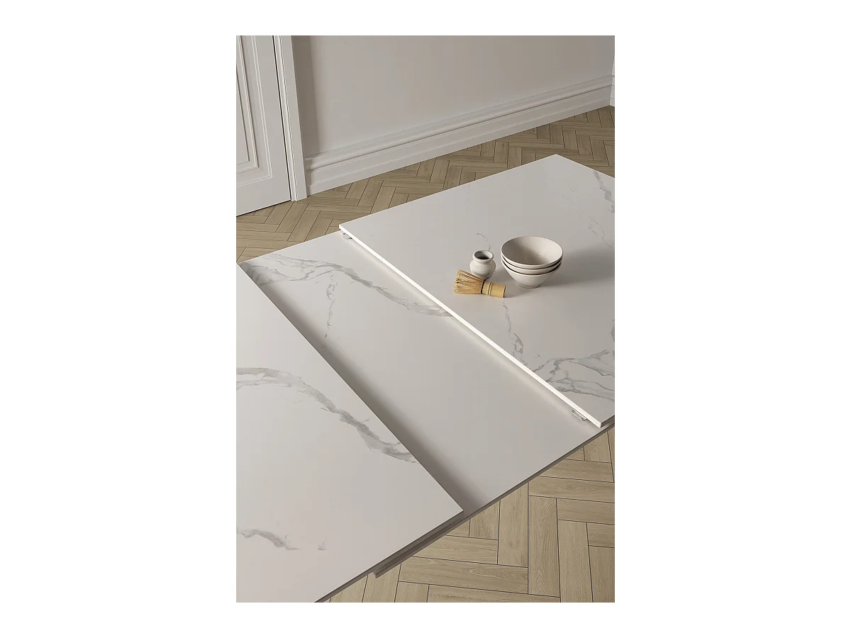 Table à manger, table de repas extensible en céramique coloris blanc, pieds en métal blanc - Longueur 160-220 x Profondeur 90 x Hauteur 76 cm
