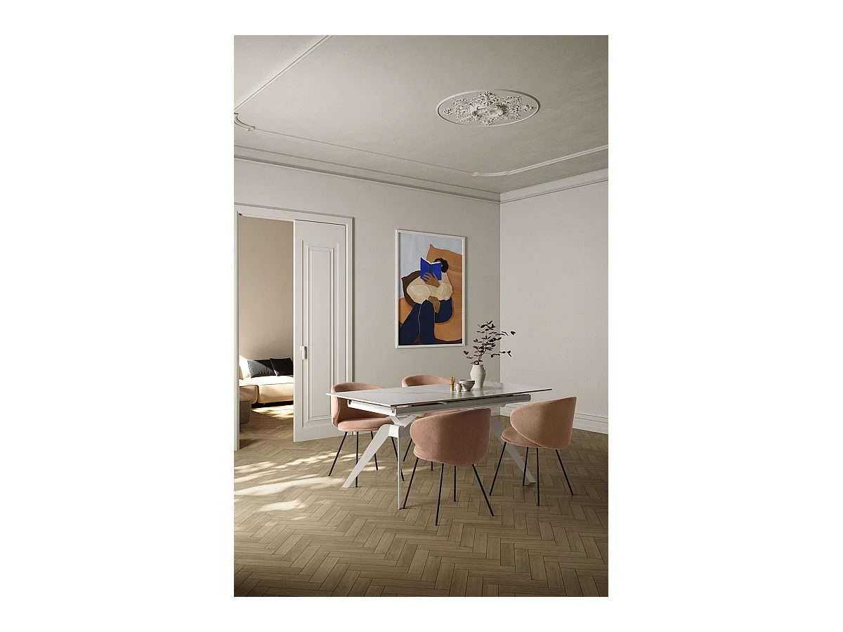 Table à manger, table de repas extensible en céramique coloris blanc, pieds en métal blanc - Longueur 160-220 x Profondeur 90 x Hauteur 76 cm