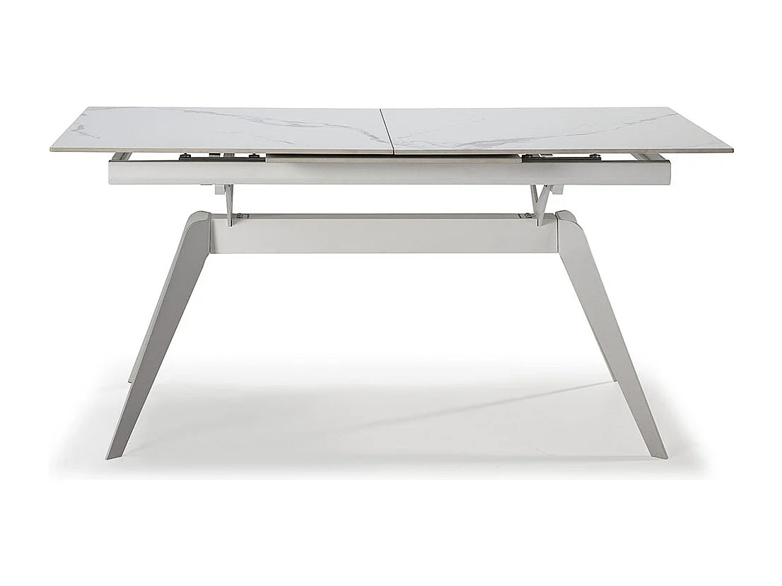 Table à manger, table de repas extensible en céramique coloris blanc, pieds en métal blanc - Longueur 160-220 x Profondeur 90 x Hauteur 76 cm