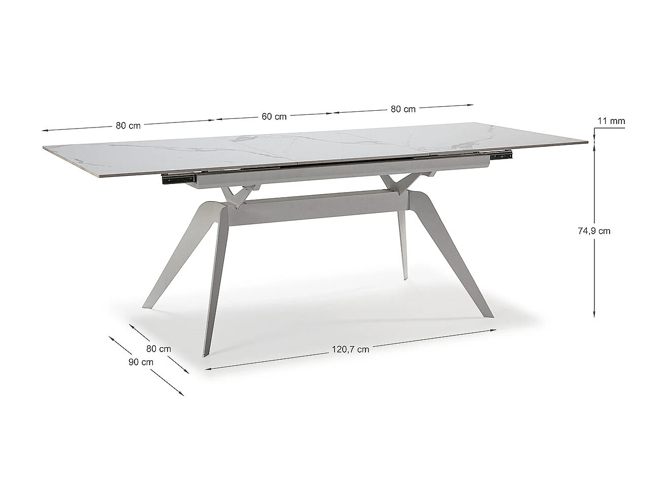 Table à manger, table de repas extensible en céramique coloris blanc, pieds en métal blanc - Longueur 160-220 x Profondeur 90 x Hauteur 76 cm