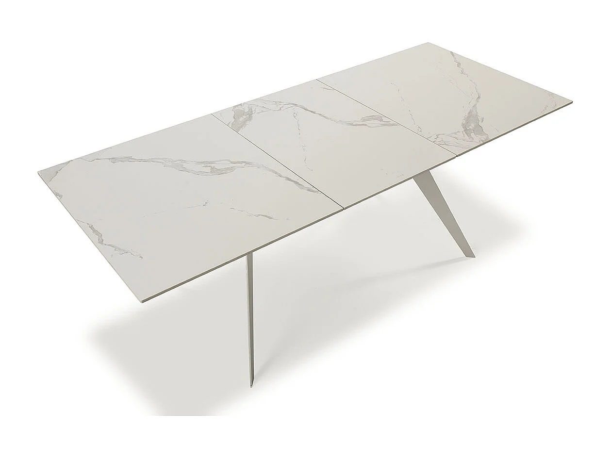Table à manger, table de repas extensible en céramique coloris blanc, pieds en métal blanc - Longueur 160-220 x Profondeur 90 x Hauteur 76 cm