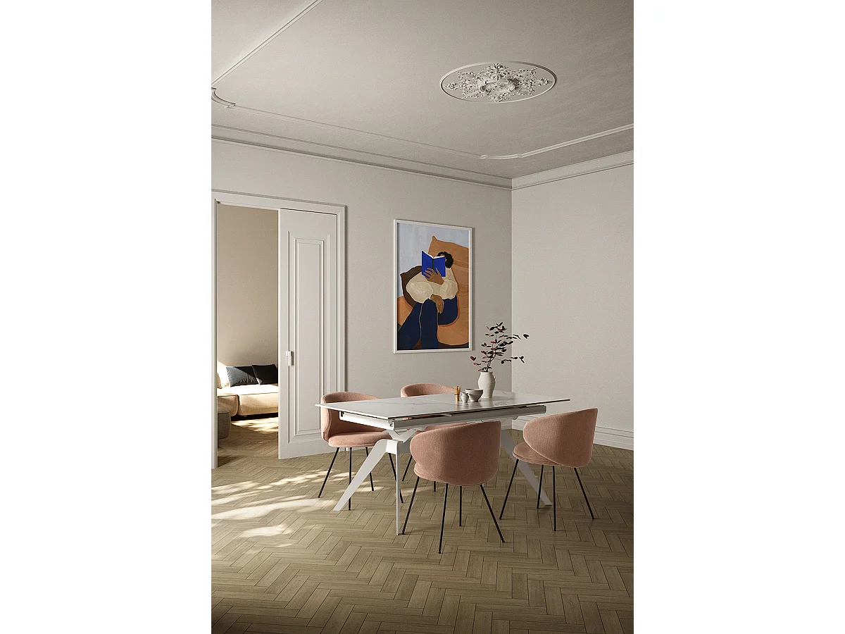 Table à manger, table de repas extensible en céramique coloris blanc, pieds en métal blanc - Longueur 160-220 x Profondeur 90 x Hauteur 76 cm