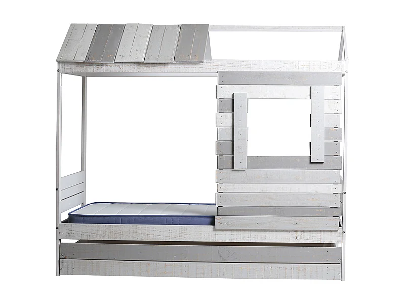 Lit cabane pour enfant en bois coloris blanc, gris - couchage 90 x 190 cm - Longueur 200 x Profondeur 102 x Hauteur 181 cm