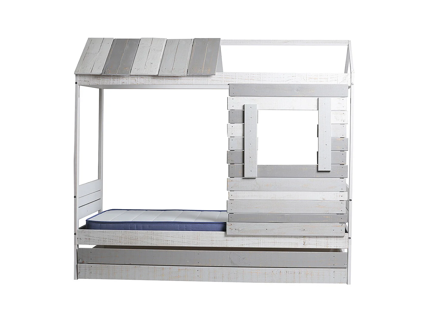 Lit cabane pour enfant en bois coloris blanc, gris - couchage 90 x 190 cm - Longueur 200 x Profondeur 102 x Hauteur 181 cm