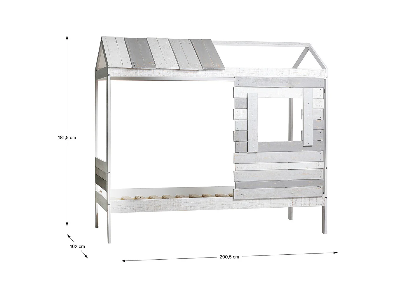 Lit cabane pour enfant en bois coloris blanc, gris - couchage 90 x 190 cm - Longueur 200 x Profondeur 102 x Hauteur 181 cm