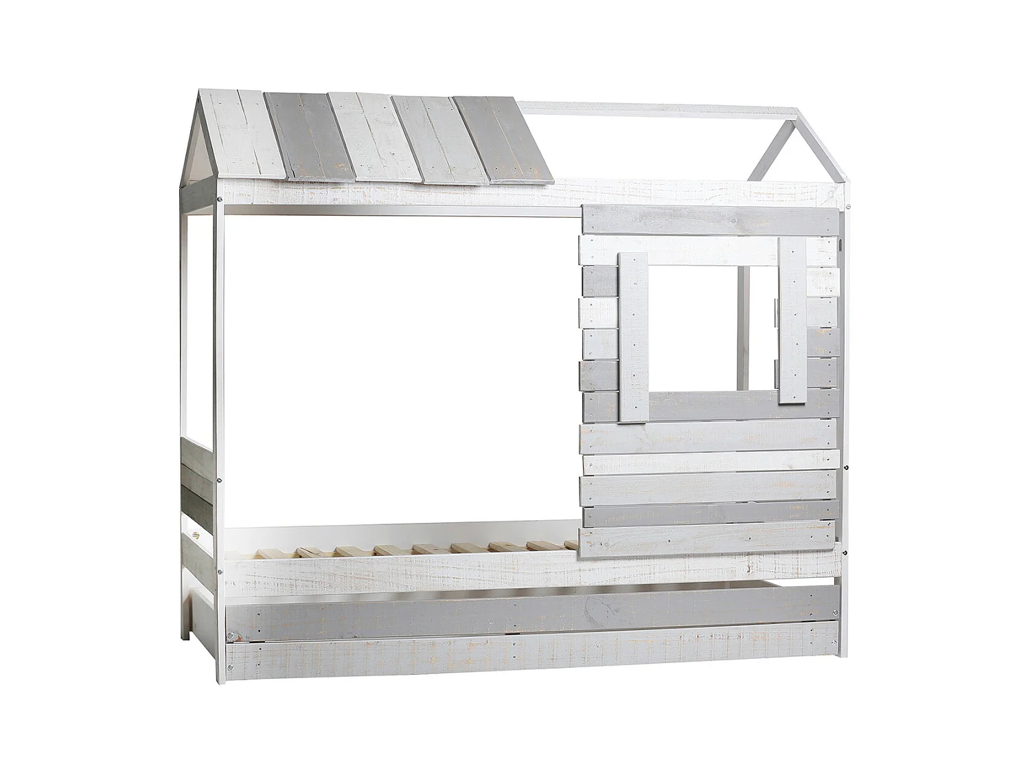 Lit cabane pour enfant en bois coloris blanc, gris - couchage 90 x 190 cm - Longueur 200 x Profondeur 102 x Hauteur 181 cm