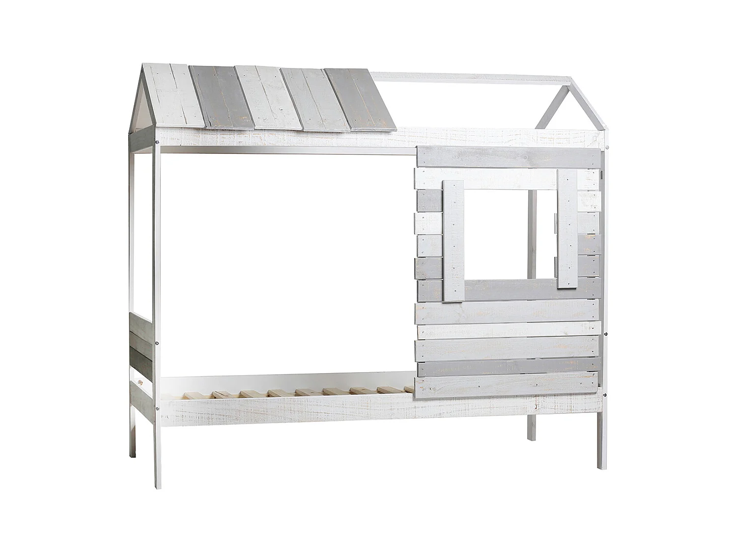 Lit cabane pour enfant en bois coloris blanc, gris - couchage 90 x 190 cm - Longueur 200 x Profondeur 102 x Hauteur 181 cm