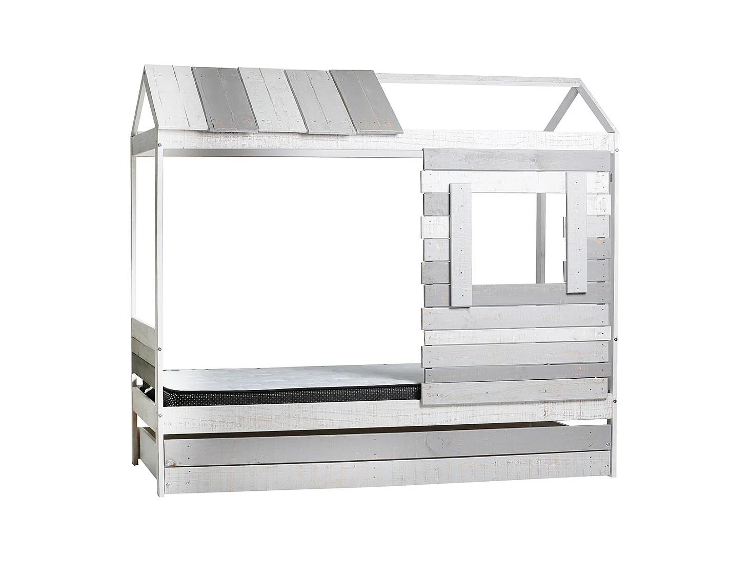 Lit cabane pour enfant en bois coloris blanc, gris - couchage 90 x 190 cm - Longueur 200 x Profondeur 102 x Hauteur 181 cm