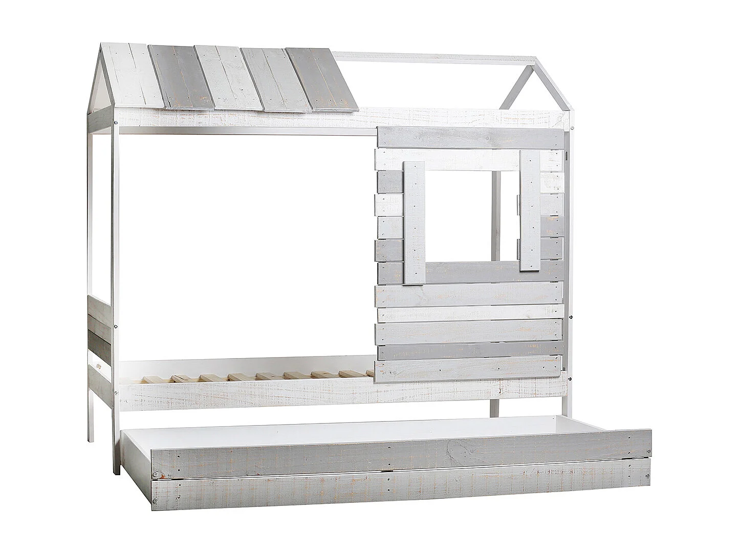 Lit cabane pour enfant en bois coloris blanc, gris - couchage 90 x 190 cm - Longueur 200 x Profondeur 102 x Hauteur 181 cm