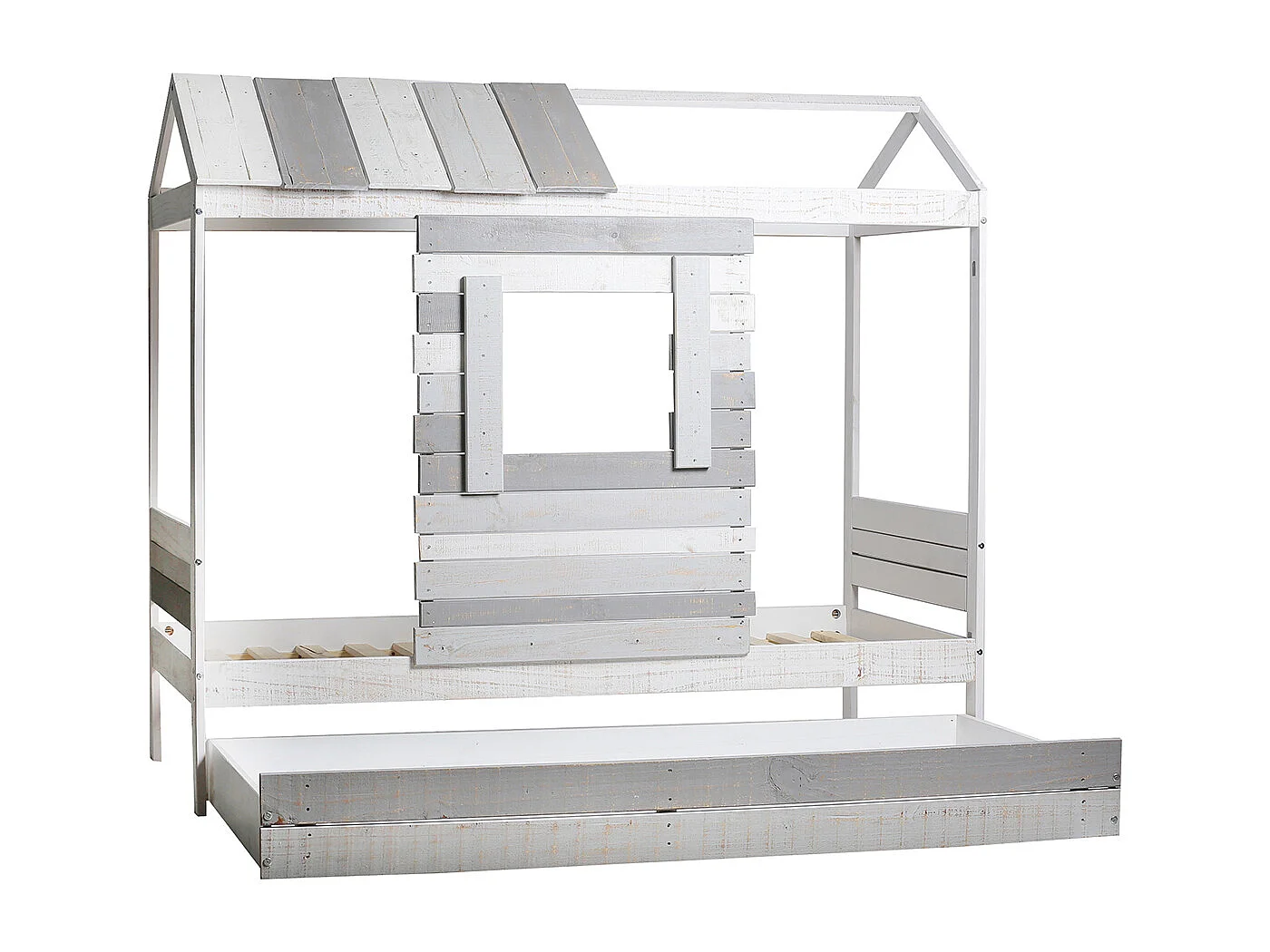 Lit cabane pour enfant en bois coloris blanc, gris - couchage 90 x 190 cm - Longueur 200 x Profondeur 102 x Hauteur 181 cm
