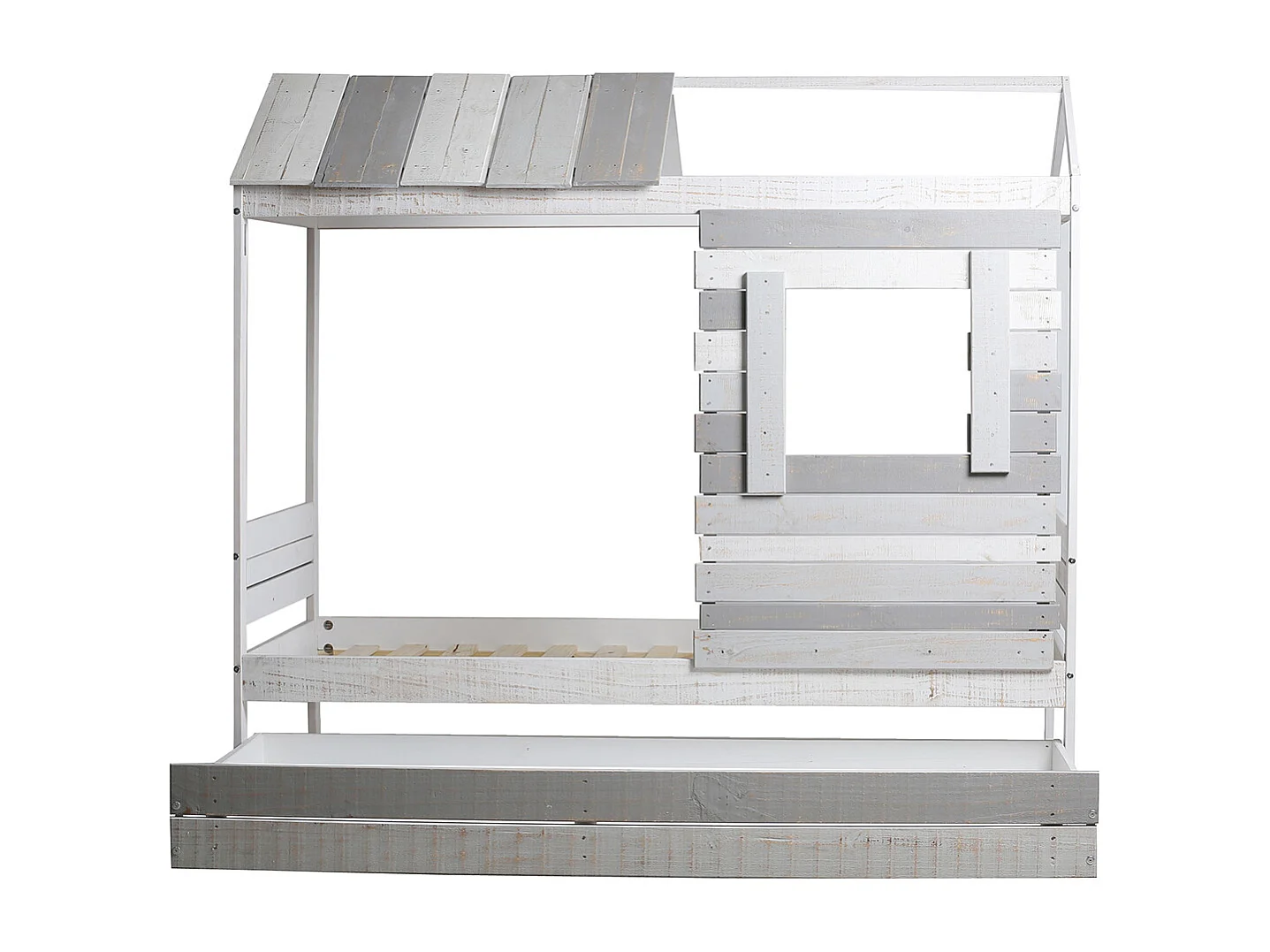 Lit cabane pour enfant en bois coloris blanc, gris - couchage 90 x 190 cm - Longueur 200 x Profondeur 102 x Hauteur 181 cm