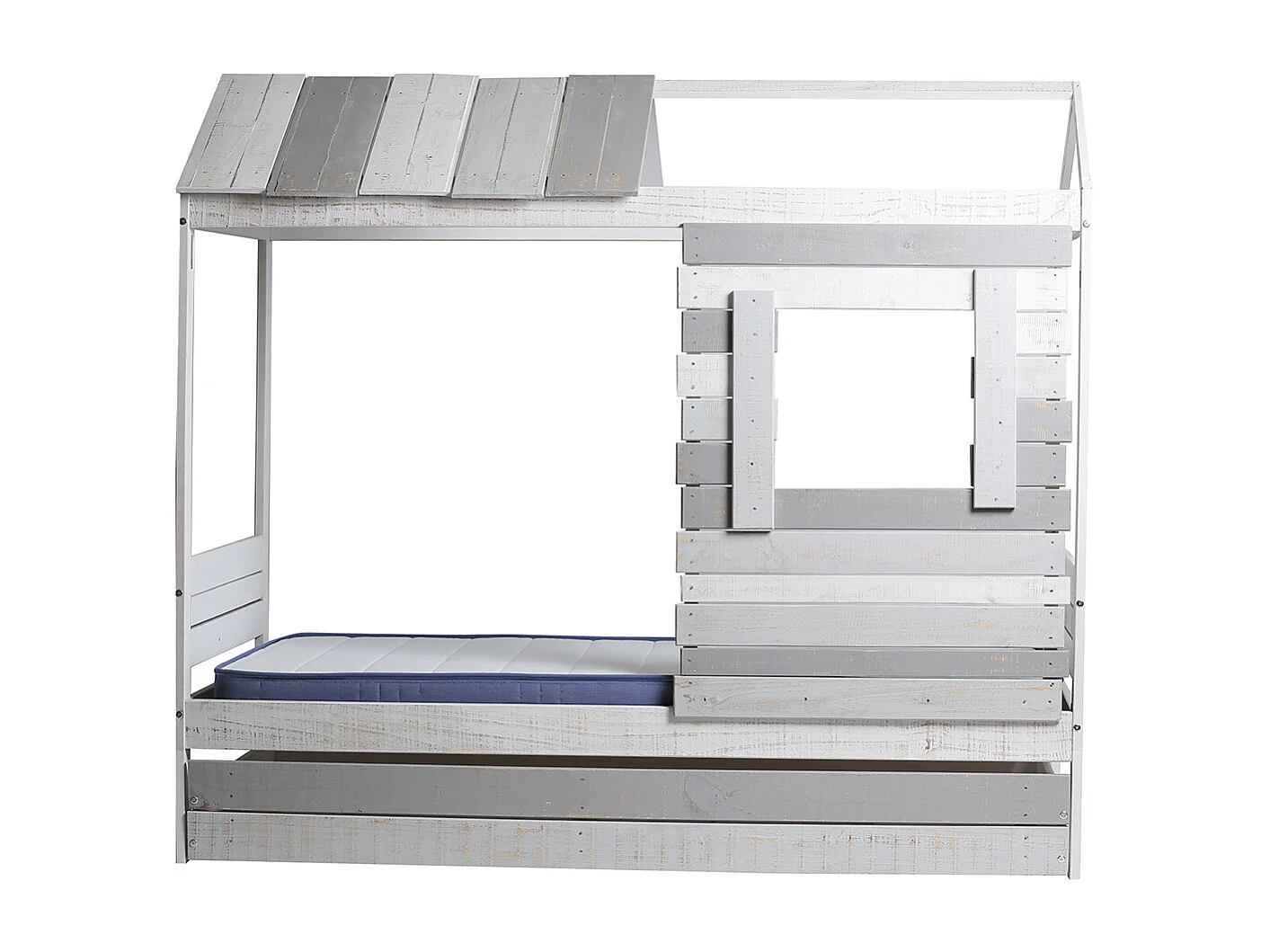 Lit cabane pour enfant en bois coloris blanc, gris - couchage 90 x 190 cm - Longueur 200 x Profondeur 102 x Hauteur 181 cm