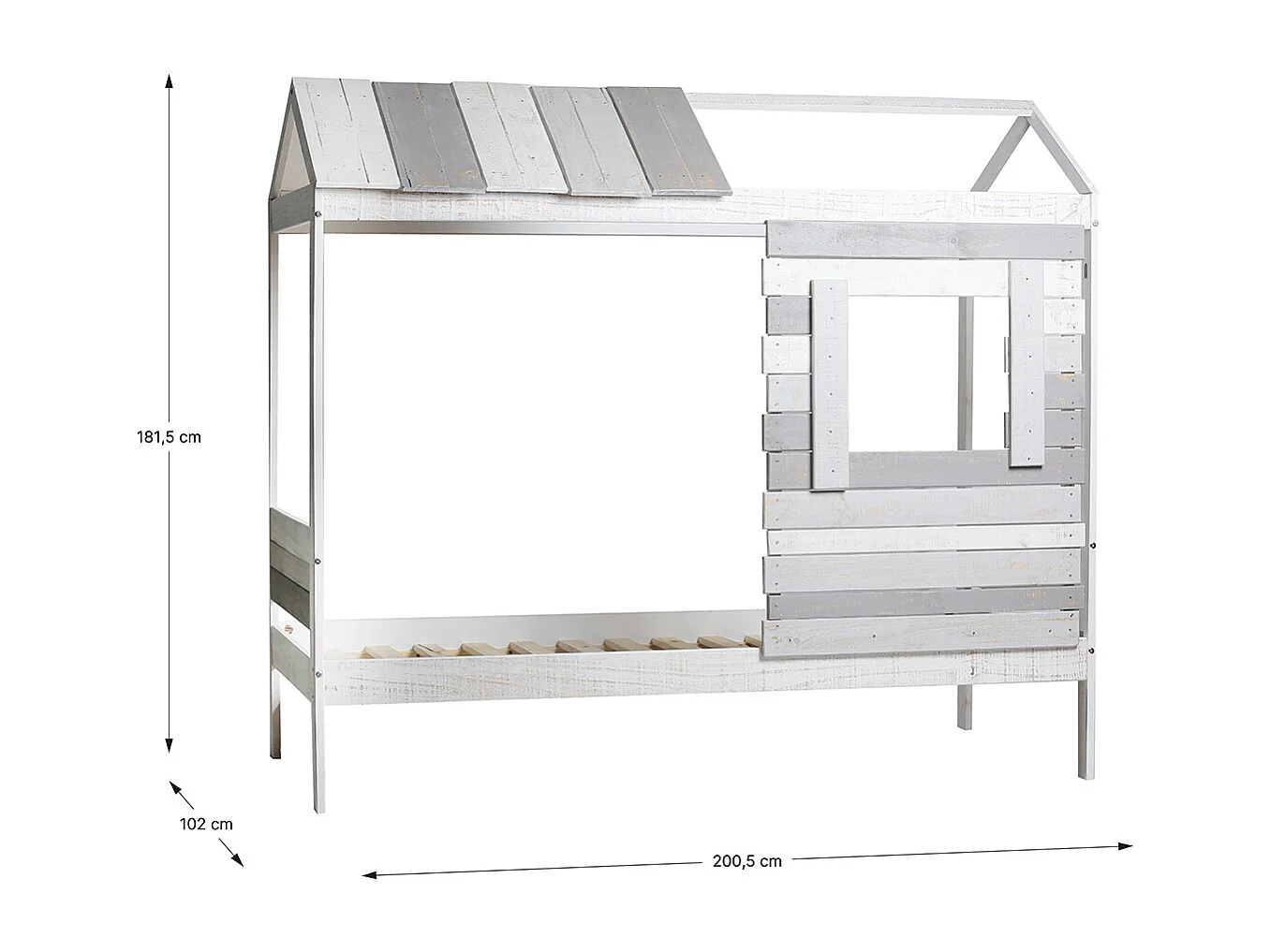 Lit cabane pour enfant en bois coloris blanc, gris - couchage 90 x 190 cm - Longueur 200 x Profondeur 102 x Hauteur 181 cm