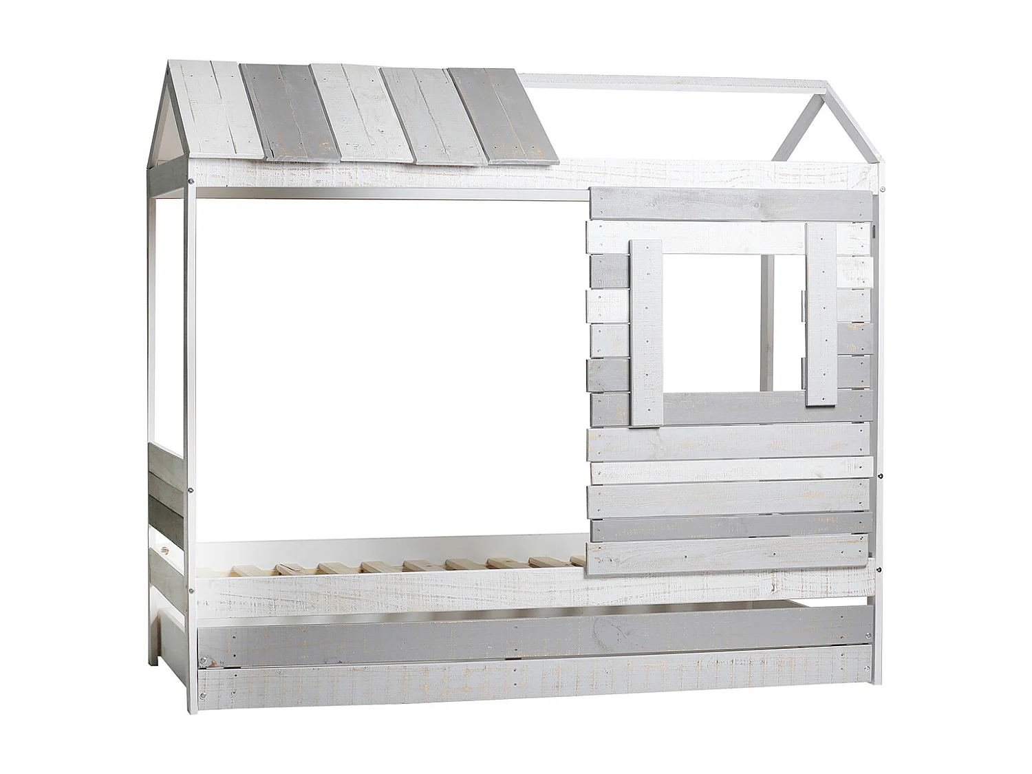 Lit cabane pour enfant en bois coloris blanc, gris - couchage 90 x 190 cm - Longueur 200 x Profondeur 102 x Hauteur 181 cm