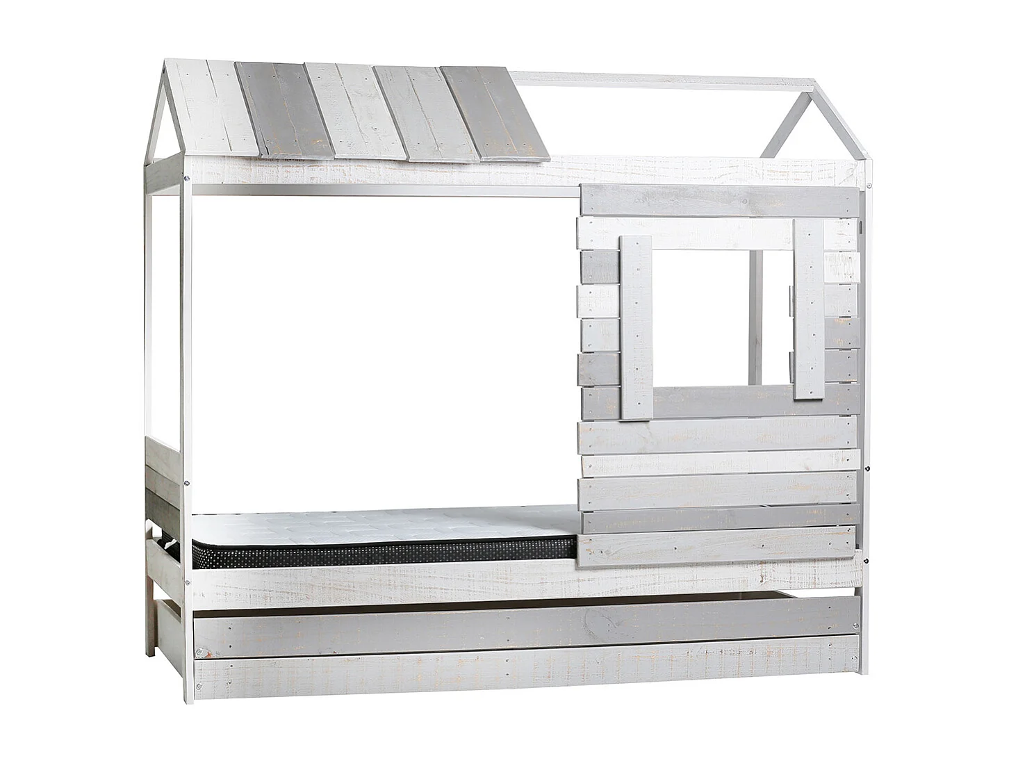 Lit cabane pour enfant en bois coloris blanc, gris - couchage 90 x 190 cm - Longueur 200 x Profondeur 102 x Hauteur 181 cm