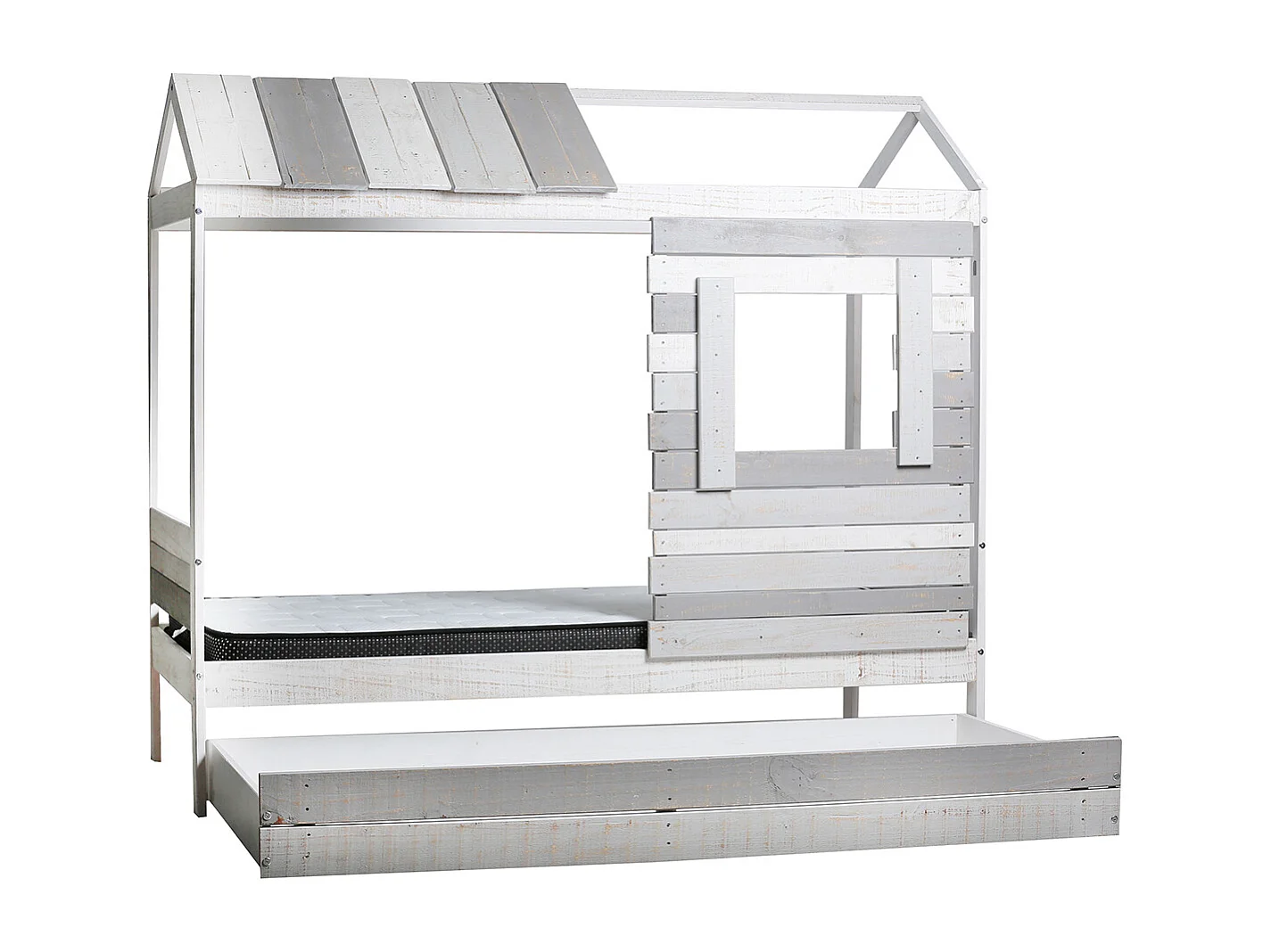 Lit cabane pour enfant en bois coloris blanc, gris - couchage 90 x 190 cm - Longueur 200 x Profondeur 102 x Hauteur 181 cm