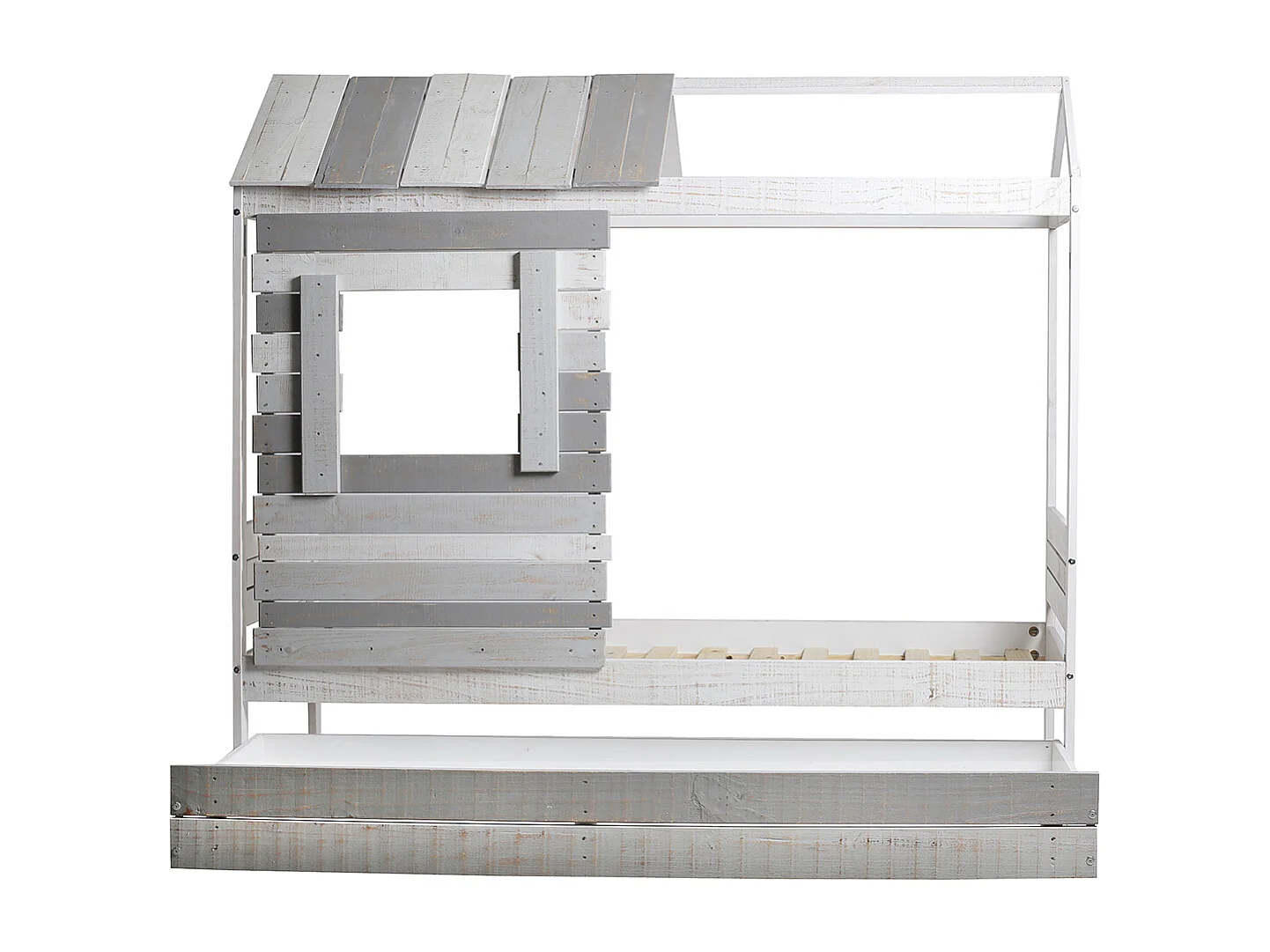 Lit cabane pour enfant en bois coloris blanc, gris - couchage 90 x 190 cm - Longueur 200 x Profondeur 102 x Hauteur 181 cm