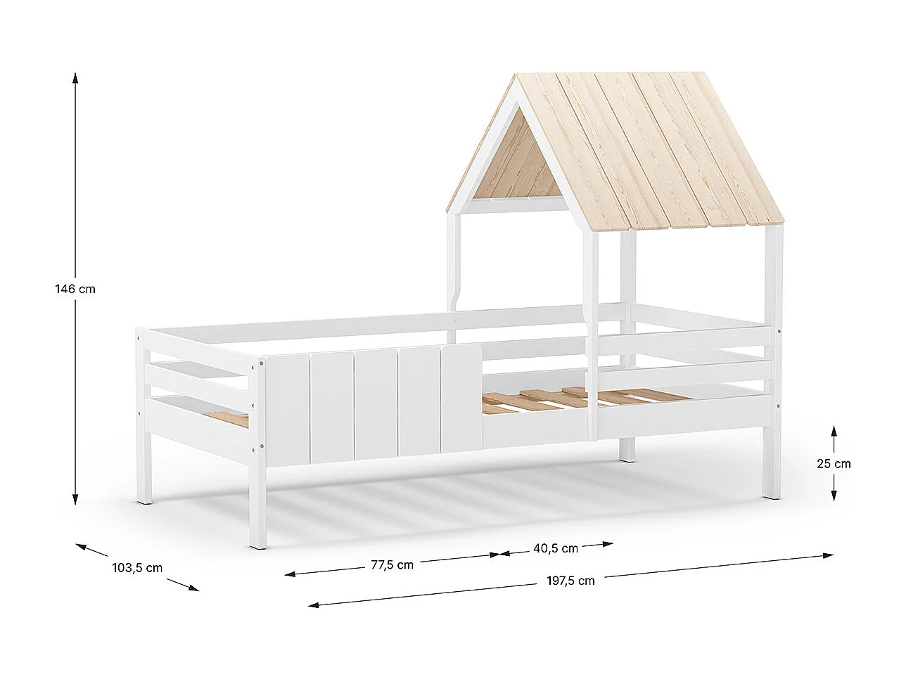 Lit cabane pour enfant coloris blanc, couchage 90 x 190 cm - Longueur 201 x Profondeur 114 x Hauteur 151 cm