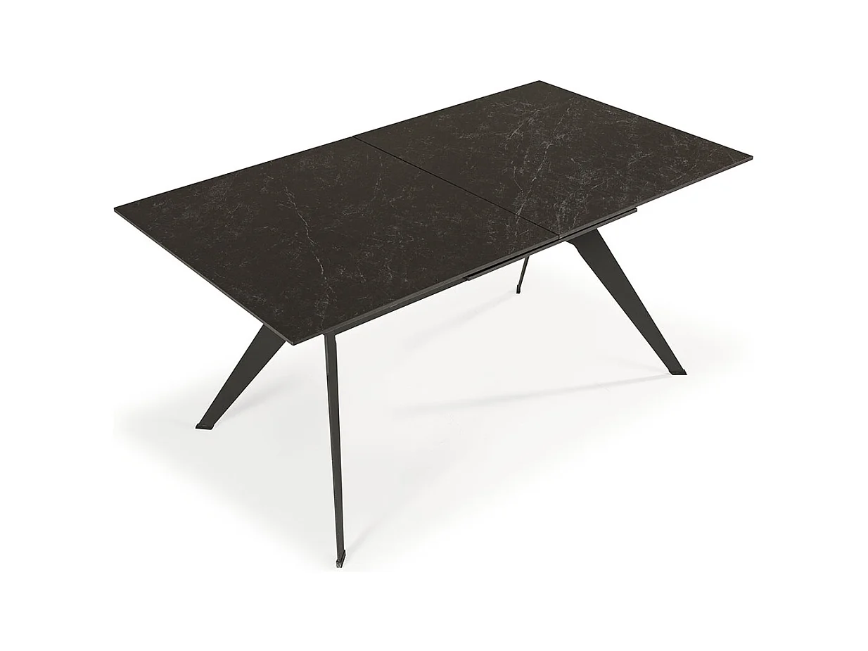 Table à manger, table de repas extensible en céramique coloris noir, pieds en métal noir - Longueur 160-220 x Profondeur 90 x Hauteur 76 cm